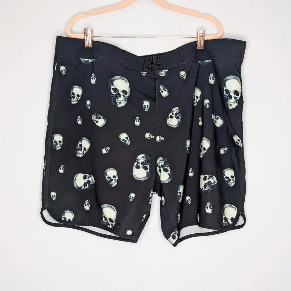 Midnight Hour Black Skull Print Swim Trunks Size 42